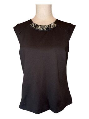 Ann Taylor petite black sleeveless rhinestone beaded blouse shirt